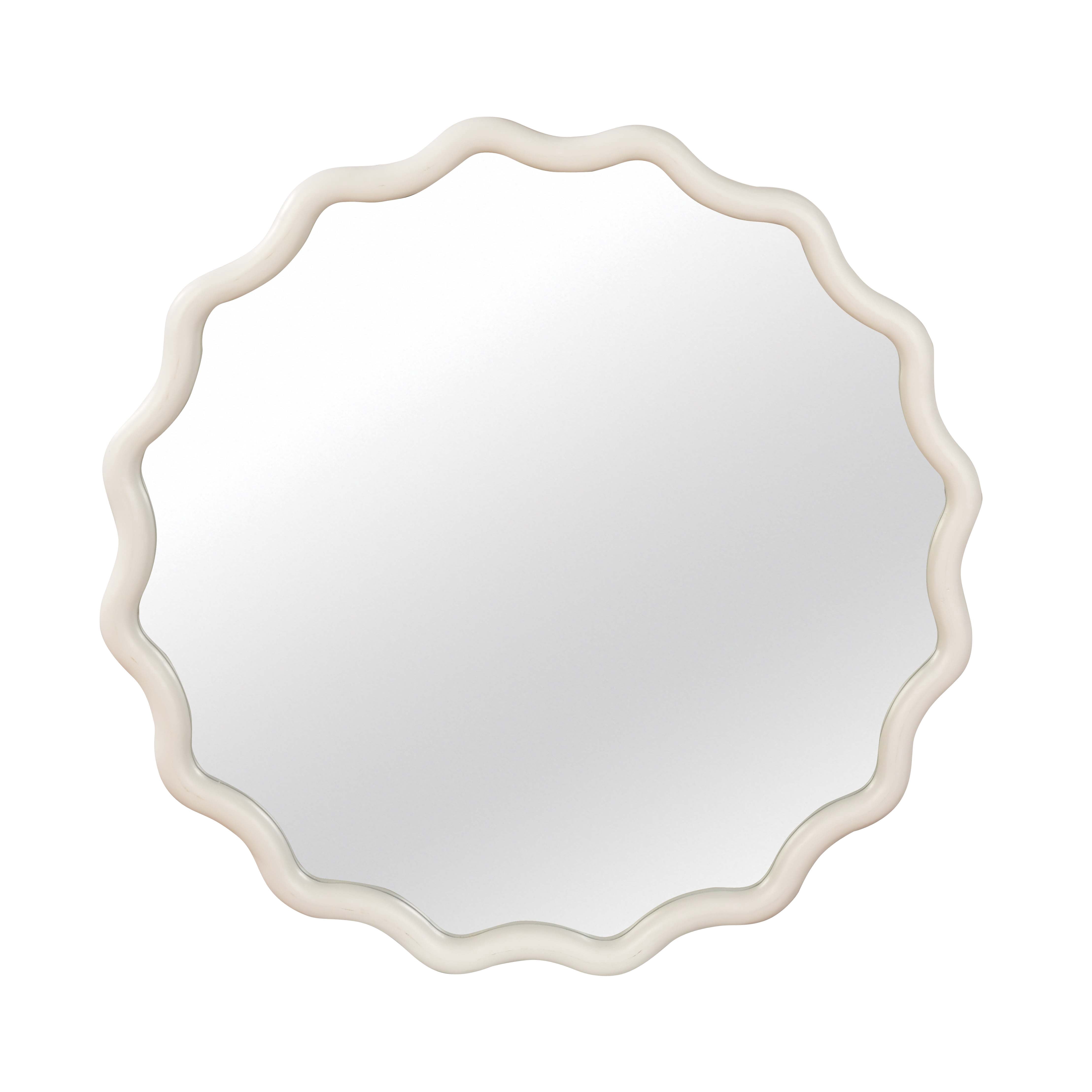 24-Inch Wavy Round Solid Wood Frame Mirror, Decorative Wall Mirror and Vanity Mirror for Bedroom Bathroom Living Room Entryway, White