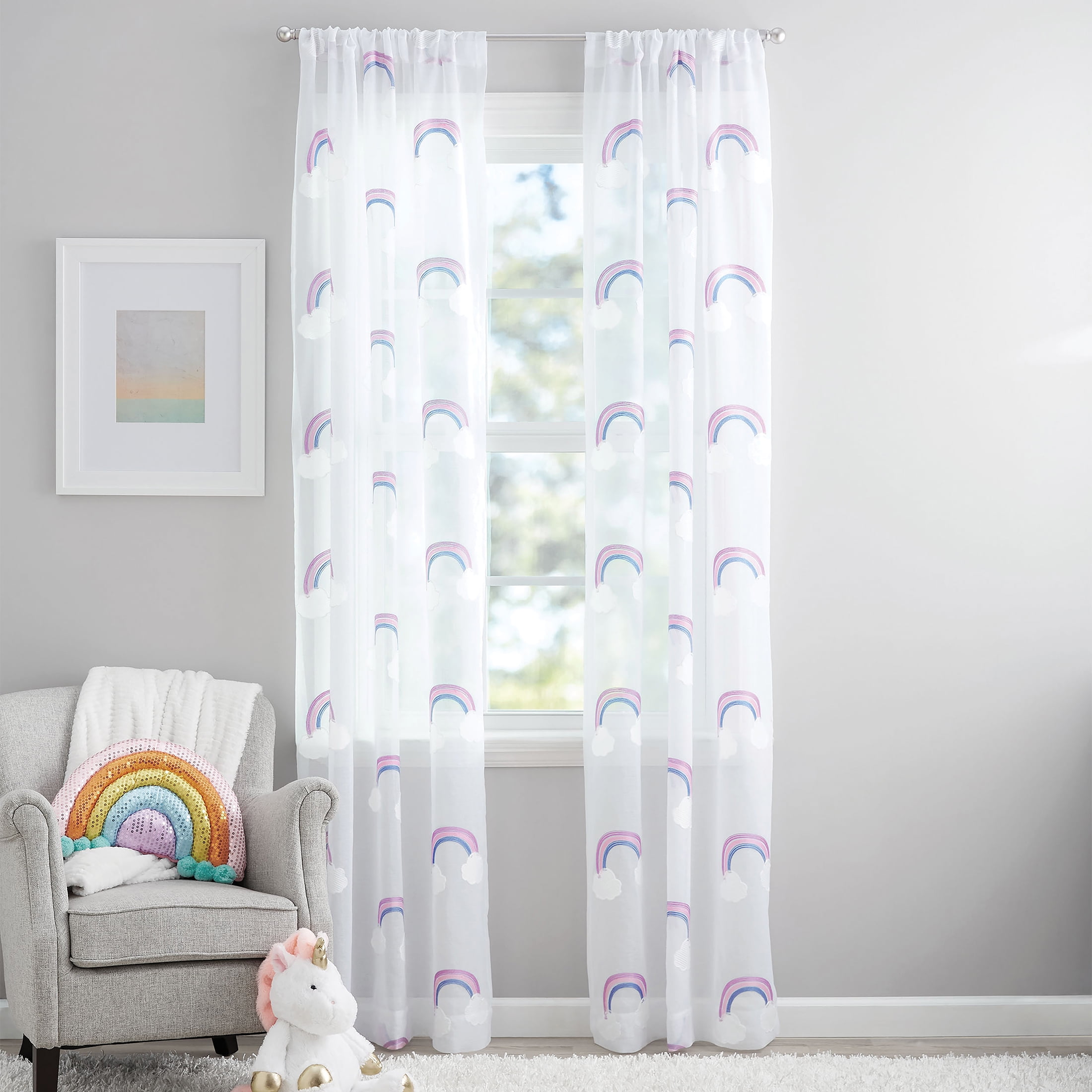 Your Zone Embroidered Rainbow Rod Pocket Sheer Curtain Panel, 38" x 84"