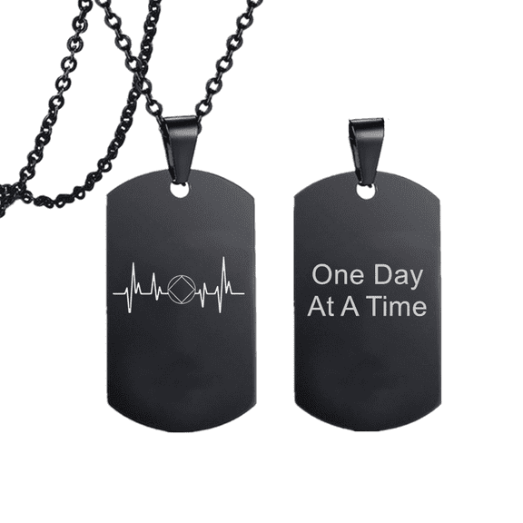 Recovery Gifts - Stainless Steel Alcoholics Anonymous Necklace Pendant - NA Sobriety Jewelry - Recoverying Gift for Men Women, Black, One Day At A Time