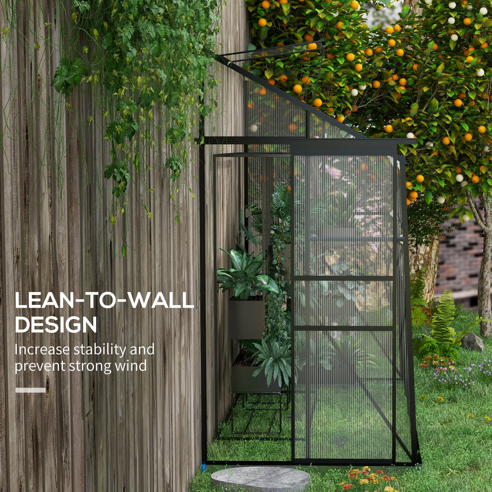 Homiyad 8' x 4' Walk-in Polycarbonate Greenhouse Lean-to Aluminum Green House with Rain Gutter and Foundation, Black