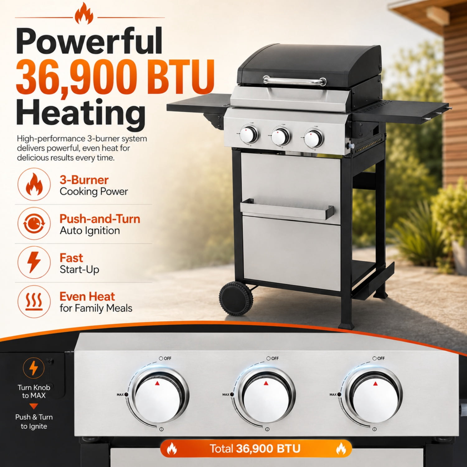 Miniyam 3 Burners BBQ Propane Gas Grill with Side Burner for Outdoor Barbecue, 36900 BTU Output