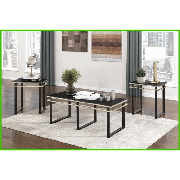 3-Piece Living Room Coffee Table Set - Black Tempered Glass Top with Gold Accent, Metal Base, Easy Assembly