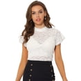thumbnail image 1 of Blusa Semitransparente Con Cuello Alto Y Manga Corta Con Abertura En La Espalda Y Encaje Para Mujer blanco XL, 1 of 6