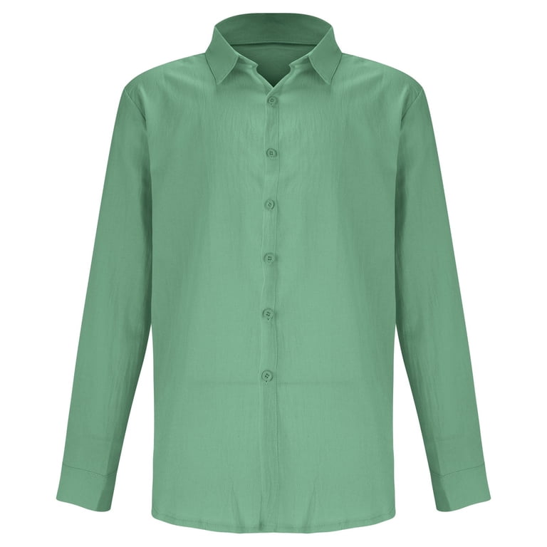 JMIERR Men's Cotton Linen Button-Down Shirt - Long Sleeve Casual Dress Shirt, Green, Size 3XL