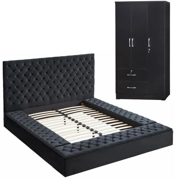 Home Square 2-Piece Set with Queen Bed & Wardrobe Armoire Closet in Black