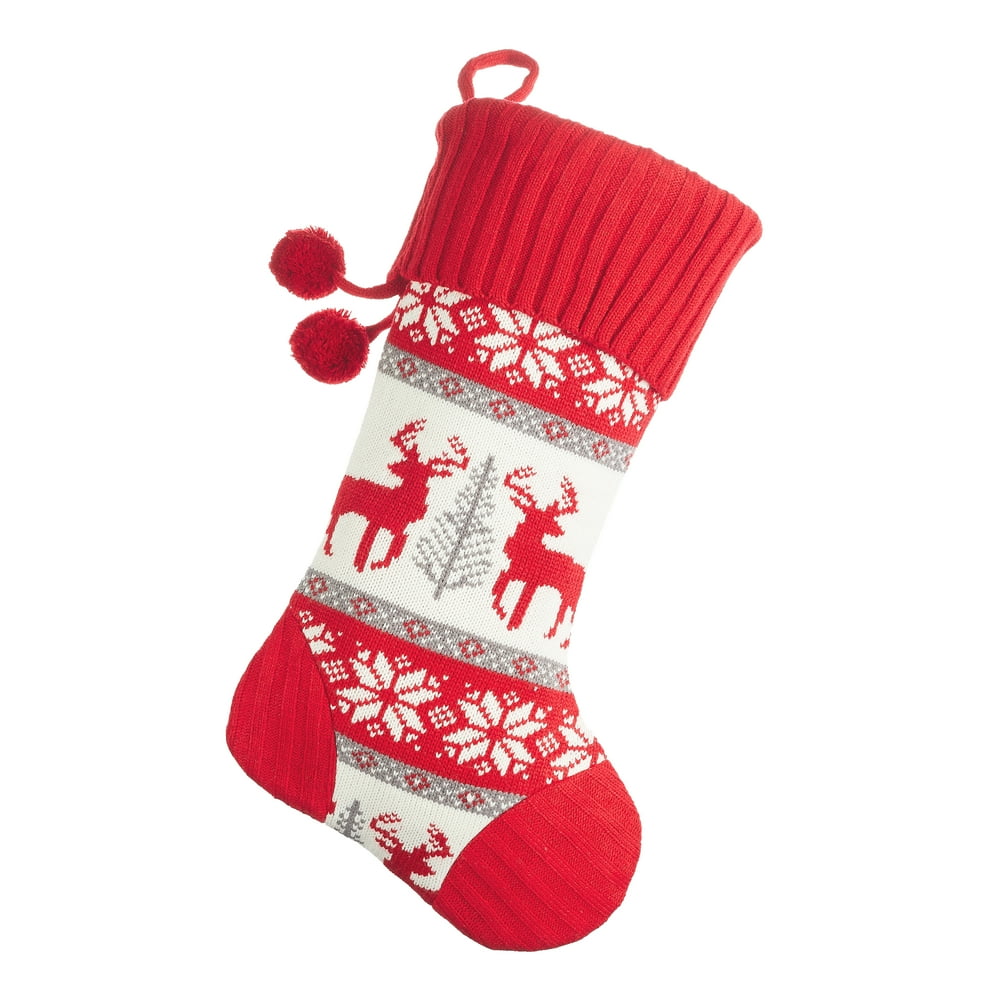 Holiday Time Knit Red and White Reindeer Christmas Stocking, 18
