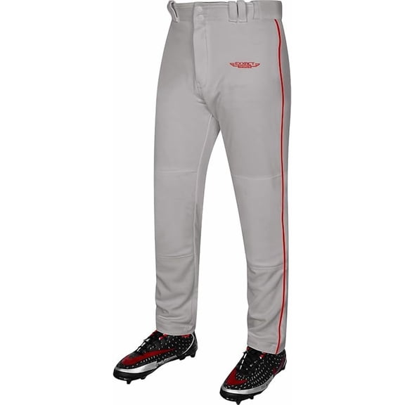Exxact Sports Home Run Men's Baseball Pants with Piping - Full-Length, Semi-Relaxed Fit, Open-Bottom Adult Baseball Pants - (AM, Grey/Red Piping)