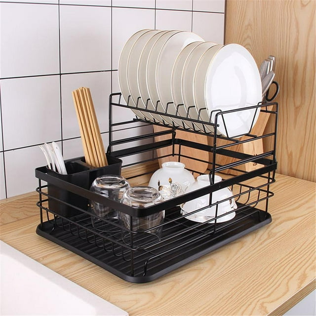 Estante de secado de platos funciones, accesorios de cocina, organizador de estante de secado de platos de gran capacidad, escurridor de platos, Negro BLESIY Estante de secado de platos