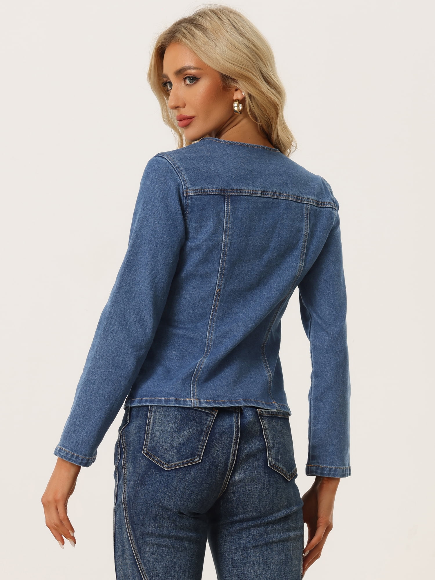 DARING DIVA Women's Lapel Collar Jean Jacket One Button Work Denim Blazer L Blue