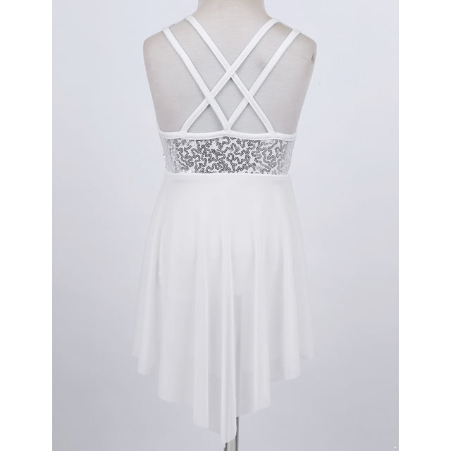 Mufeng Robe Sans Manches à Sequins Croisés pour Filles, Justaucorps de Ballet Lyrique, Robe de Danse Moderne Blanche 14