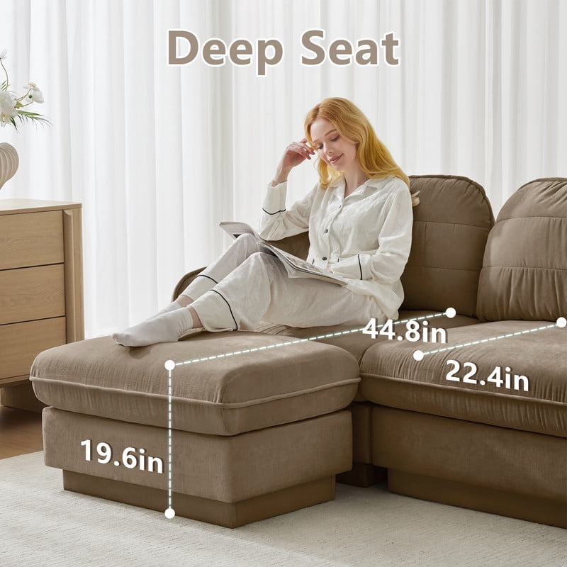 Chenille Modular Sofa with Ottoman, 2-Seater Deep Seat Cloud Couch, Convertible Sectional Sofa with Quilted Cushions & Round Pillows, Modern Sofa for Living Room, Apartment,Coffee