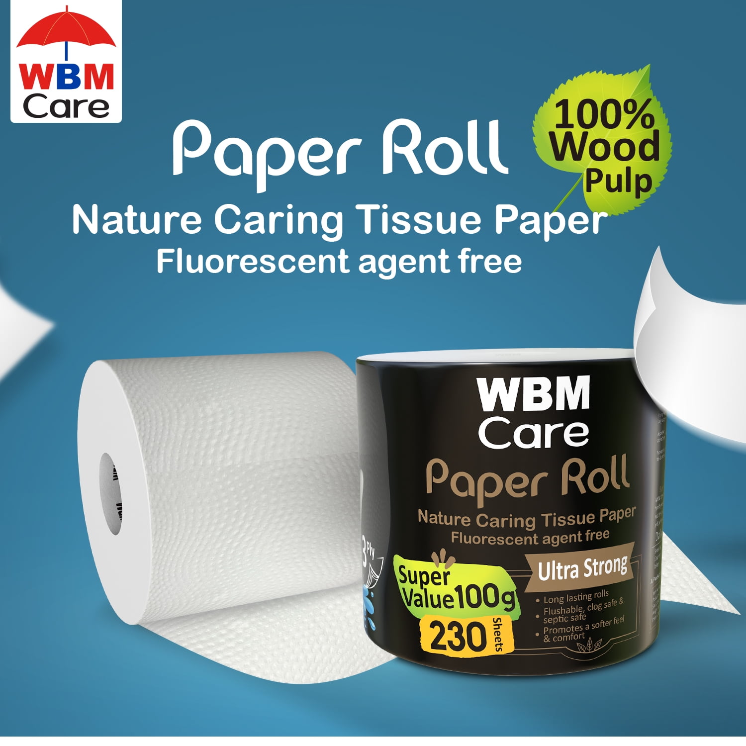 WBM Toilet Tissue Paper, 3-Ply, Soft & Strong, 100% Wood Pulp, Highly Absorbent & Biodegradable, Free from Dyes & Chemicals, 230 Sheets per Roll, 100g