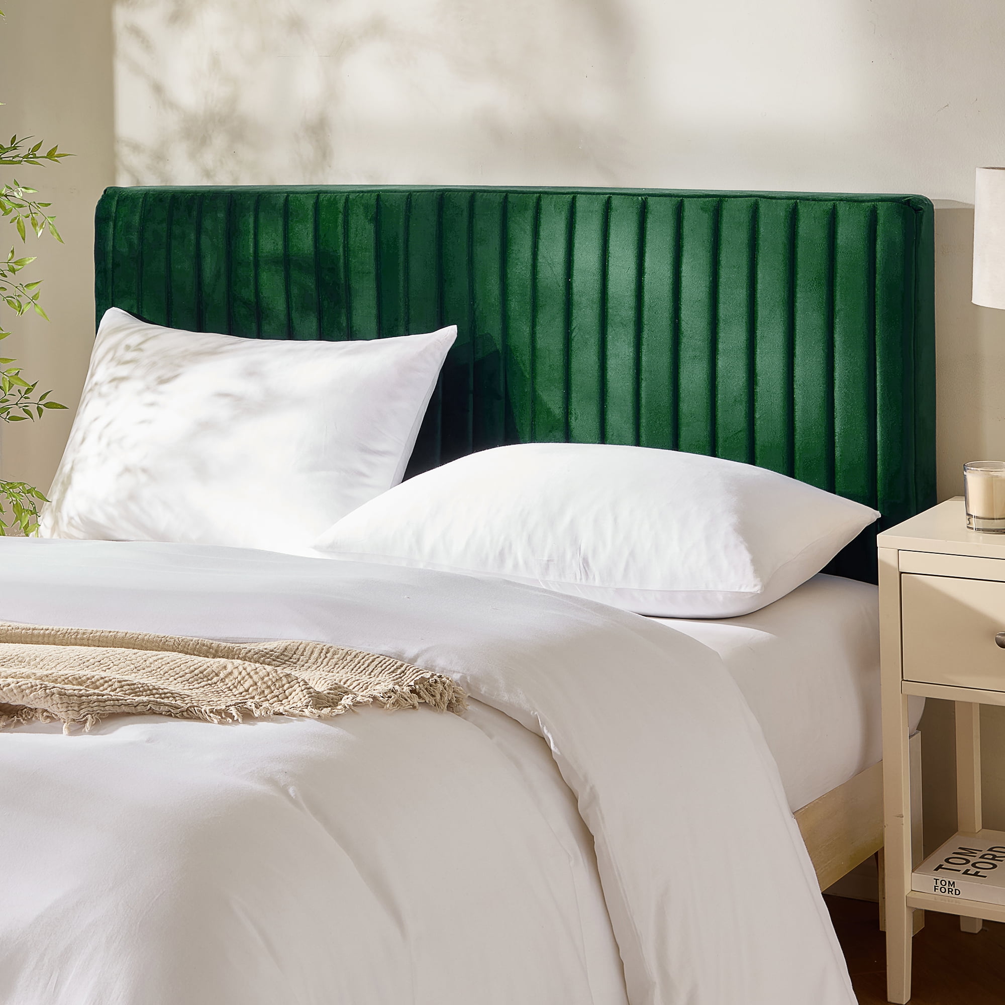 Virtu Twin Headboard No Tools Required Peel and Stick Upholstered Velvet Bed Headboard Only, Green
