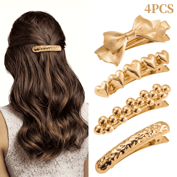 ROSEXIXI 4Pcs Gold Hair Clips Elegant Heart Bow French Barrettes Vintage Alloy for Women Party