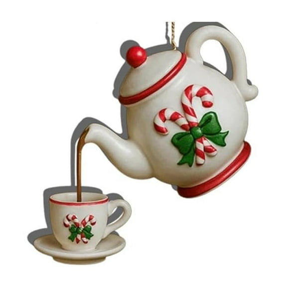 Eoozwa Vintage Christmas Teapot Ornament with Pouring Tea Effect Holly Red Berries Decor for Tea Lovers Holiday Gift Home Decoration
