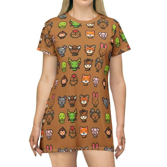 Brown Cute Chinese Zodiacs T-Shirt Dress 3.0