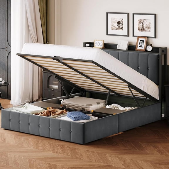 Lift Up Storage Bed Frame with Charging Station & LED Lights, Tufted Headboard Metal Platform Bed for Full Queen King Size