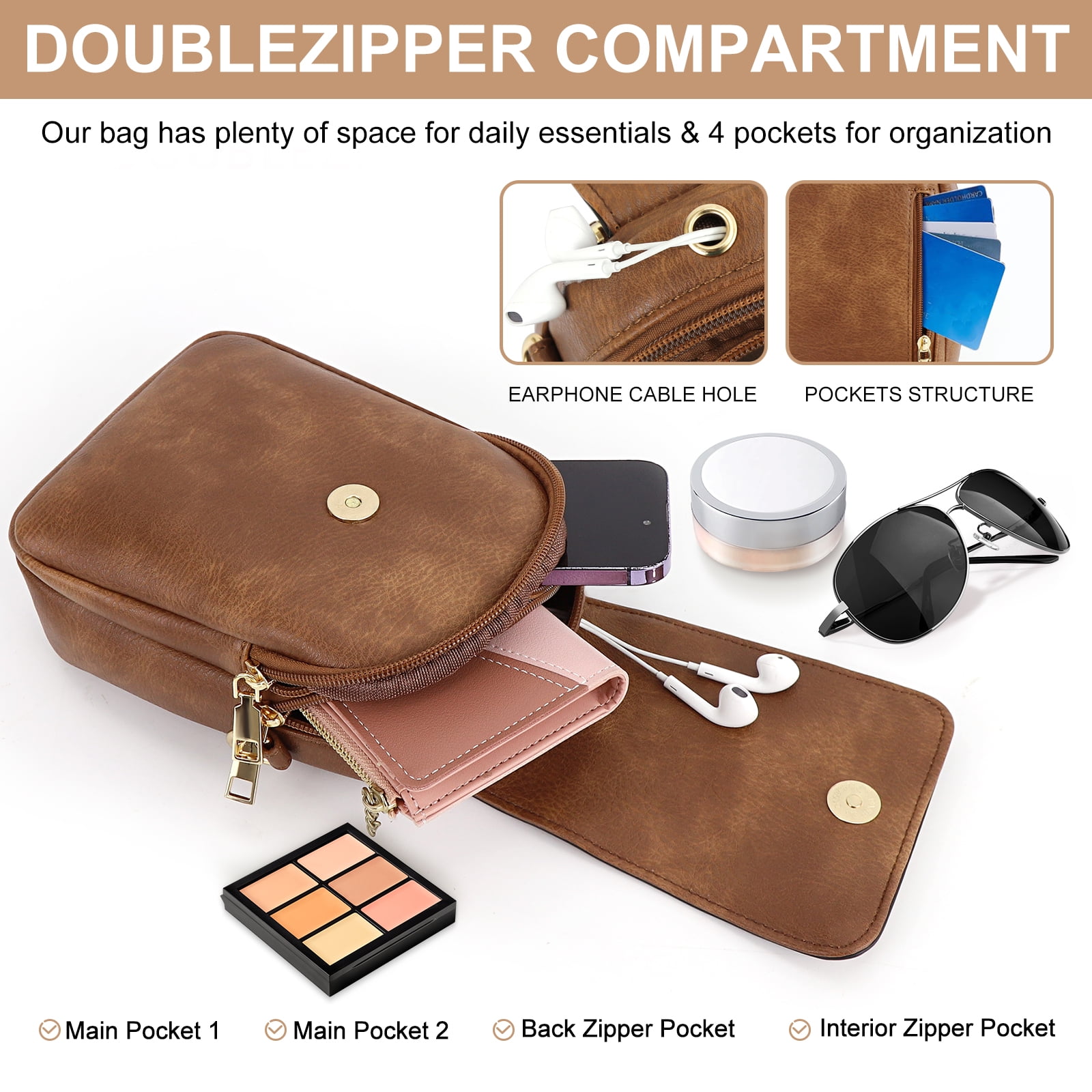 Crossbody Bags for Women, XUEYU Small Shoulder Handbags, Crossbody Purse for Women with Detachable & Adjustable Guitar Strap, Fashionable Shoulder Bag Double Compartment & Back Zipper Pocket, Brown