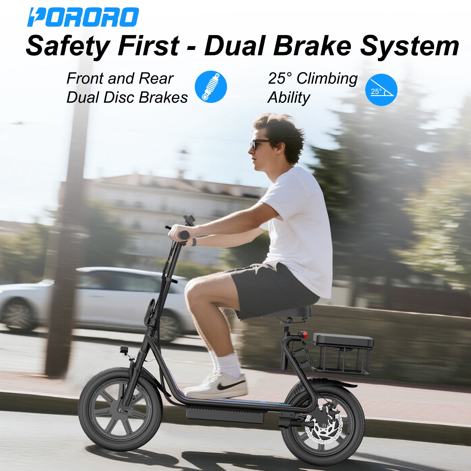 PORORO Electric Scooter with Seat, Max 25 Miles Range, with 14" Tires, 500W, 22MPH, Black