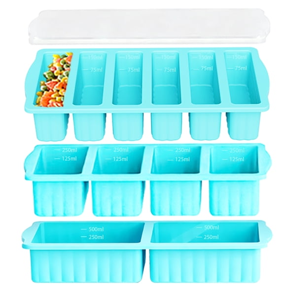 AsFrost 3Pack Silicone Freezer Trays with Lid,2 Large 2-Cup(500ml)&4 Medium 1-Cup(125ml)&6 Small 1/2-Cup(75ml) Soup Freezer Container Molds,Ice Cube Tray For Meal Prep&Freezing Soup,Stews,Sauces
