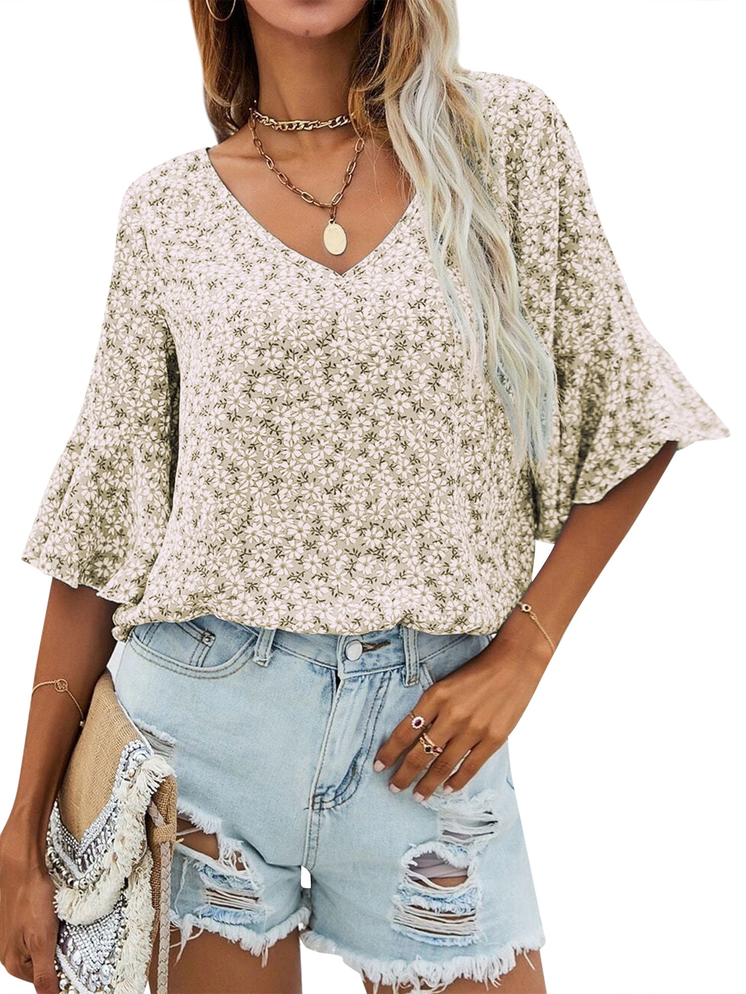 Hubery Women Floral Print V Neck Ruffled Half Sleeve Pullover Top 8423