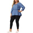 thumbnail image 2 of Women's Plus Size Peplum Top Pullover Puff Sleeve High Waist Chambray Blouse Blue 4X, 2 of 7