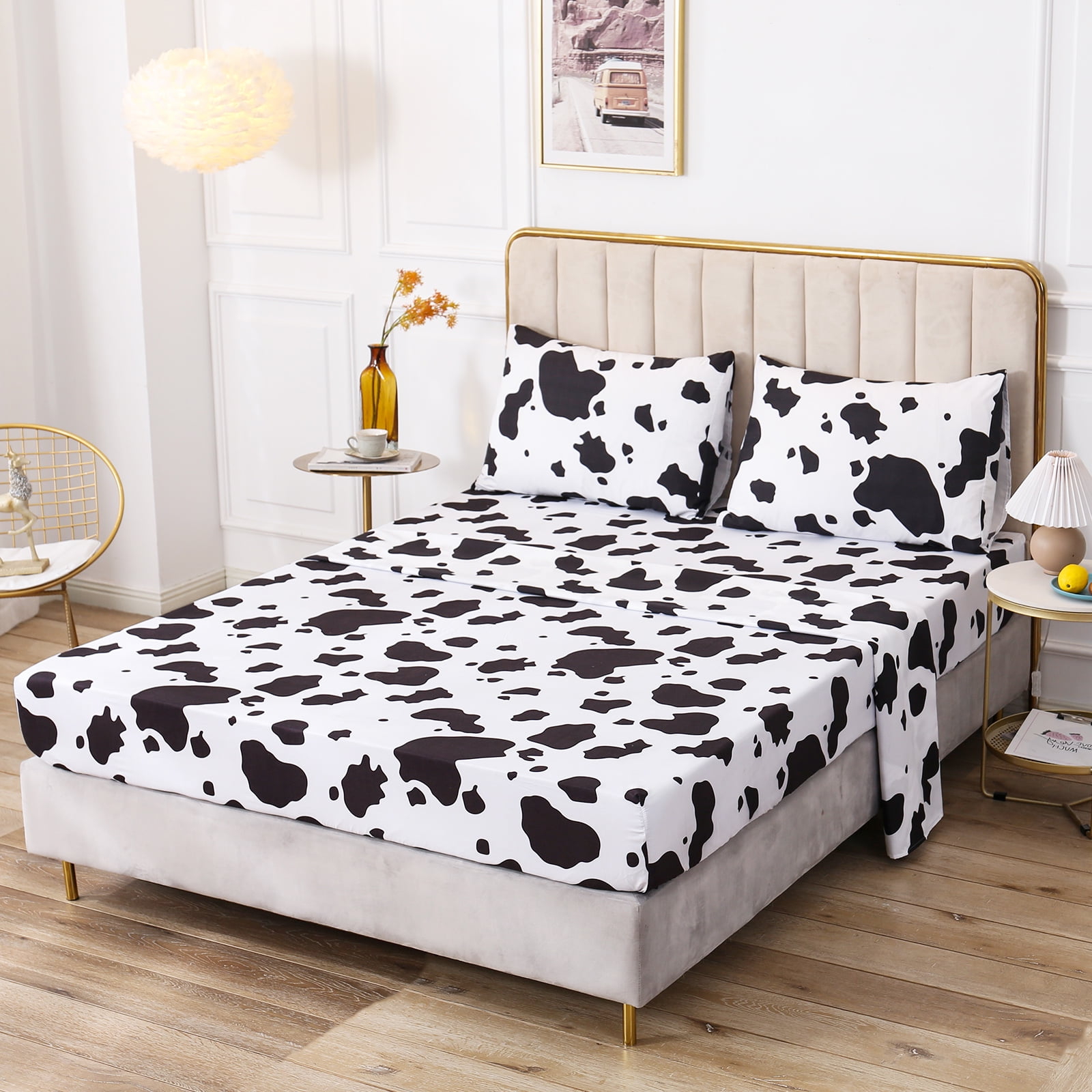 Anminy Sheet Set Bedding Cow Printed Comforter Set Microfiber King 6084