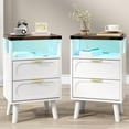 End Table with Charging Station, Smart LED Night Stand with 2 Wooden Drawers and Storage Shelf, Bedside Table with USB Ports & Outlets, for Living Room/Bedroom, White