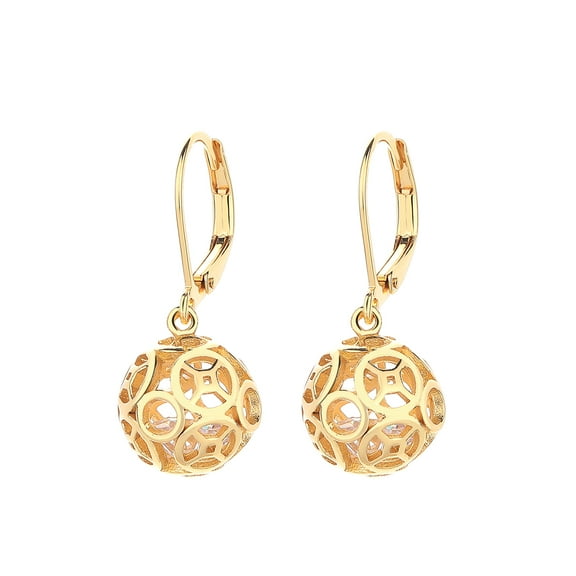 14K Gold Plated Filigree Ball Leverback Drop Earrings