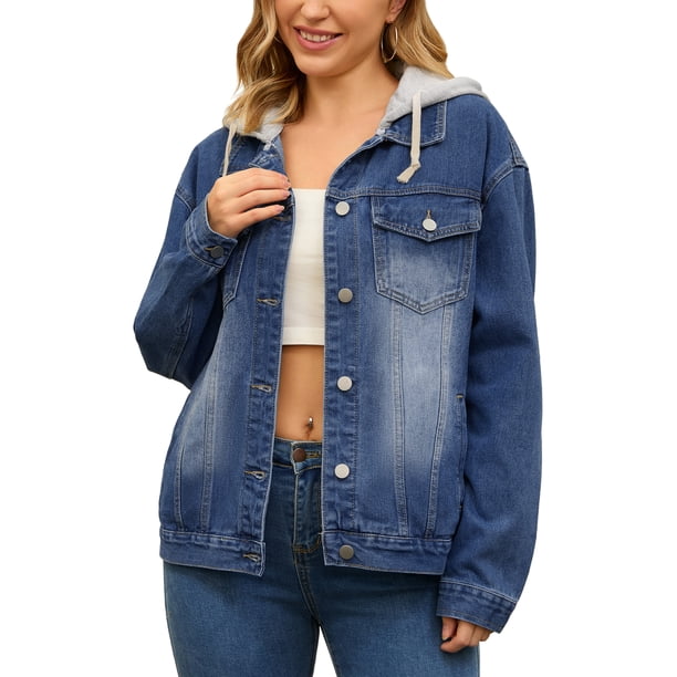 CHAQUETA DE DENIM PARA MUJERES INSPIRE CHIC CON CAPUCHA, DESESTRUCTURADA, DE MANGA LARGA, CON BOTONES Y CAPUCHA DESMONTABLE, TAMAÑO M, AZUL OSCURO