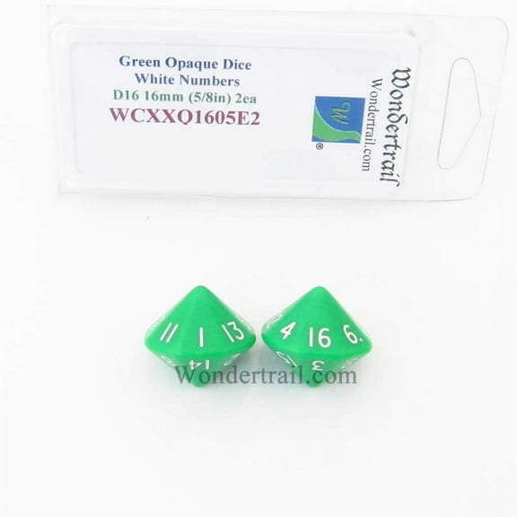 Green Opaque Dice with White Numbers D16 Aprox 16mm (5/8in) Pack of 2 Wondertrail