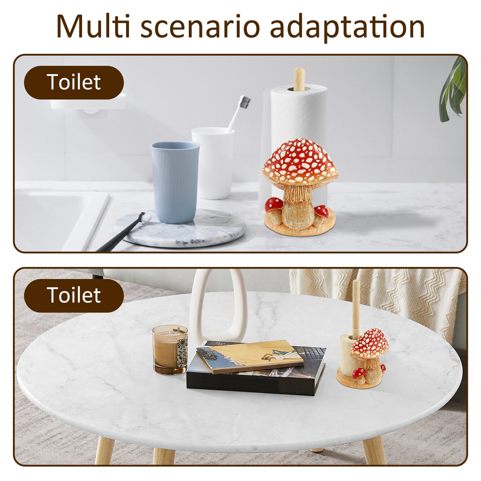 Threns Mushroom Pattern Paper Towel Holder Resin Tissue Paper Roll Display Stand Decor Unique Towel Roll Storage with Wooden Base for Home Kitchen Dining Room Countertop