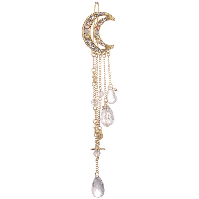 Moon Crystal Rhinestone Beads Dangle Hairpin Bridal Hair Clip Women Jewelry Gift