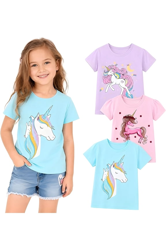 Toddler Girls 3-Pack Cotton Graphic T-Shirts, Short Sleeve Crewneck Tees, Unicorn & Rainbow Mix, Size 5T