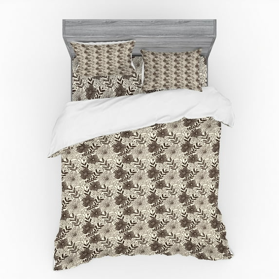 Botanical Duvet Cover Set, Floral and Leaves Ornaments Peony Vintage Tones Repetitive Illustration, Bedding Set with Shams and Fitted Sheet, 3 Sizes, by Ambesonne