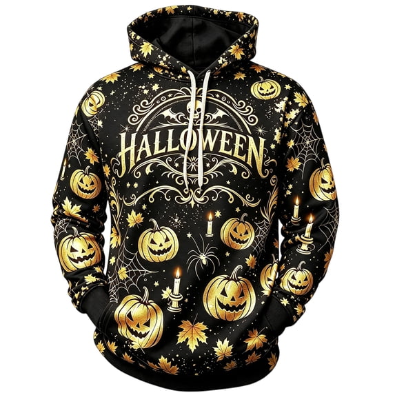 Men's Halloween Hoodie, Graphic Pullover Sweatshirt Pumpkin Printed Spooky Season Casual Fall Outfit Streetwear Top Black M