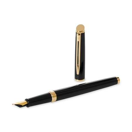 Waterman Hémisphère Fountain Pen, Black Lacquer with Gold Trim, Blue Ink, Medium