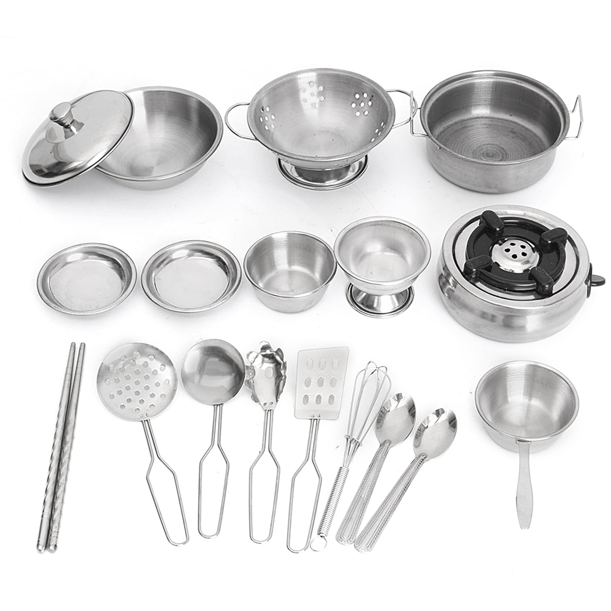 18pcs Mini Stainless Steel Kitchen Cooking Play Toys For Kids Cookware Pots Pans 