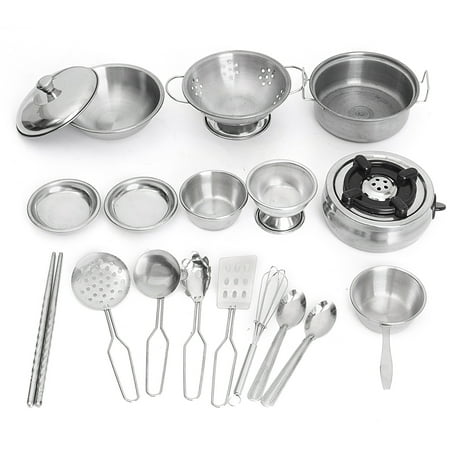 18Pcs Stainless Steel Kitchenware Pretend Role Play Toys Chef Game Tools Set Kitchen Cooker Cooking Pot Pans Toys Kids Children Christmas Birthday