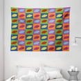 thumbnail image 1 of Kiss Tapestry, Pop Art Style Lipstick Kisses on Vibrant Colored Squares 60's Style Seductive Romantic, Wall Hanging for Bedroom Living Room Dorm Decor, 80W X 60L Inches, Multicolor, by Ambesonne, 1 of 2