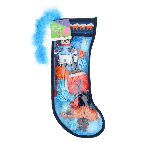Vibrant Life Holiday Cat Toys Stocking, Blue, 18 Pieces