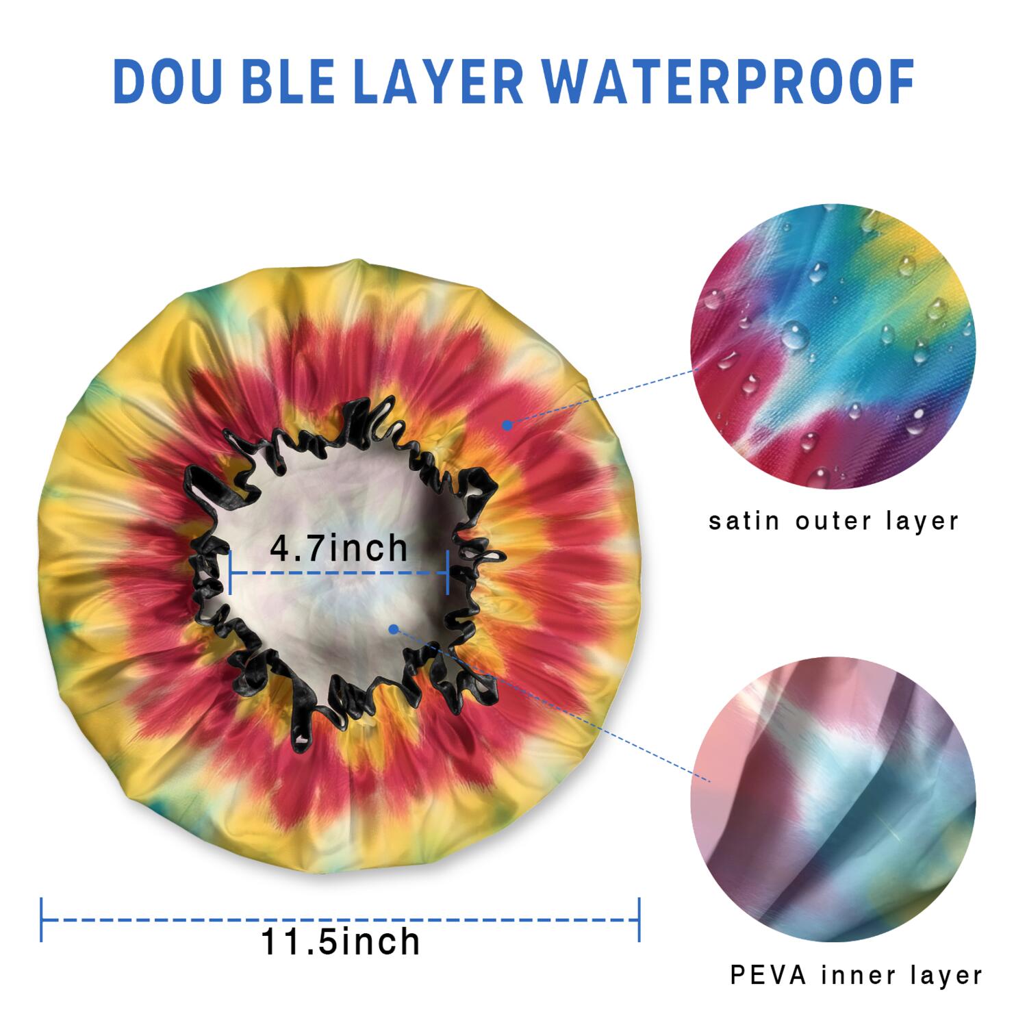 Shower Caps,Rainbow Tie Dye Mandala Pattern Waterproof Shower Cap for Women 4 Pieces,Double Reusable Hair Cover for Shower PEVA Elastic Stretch Hem