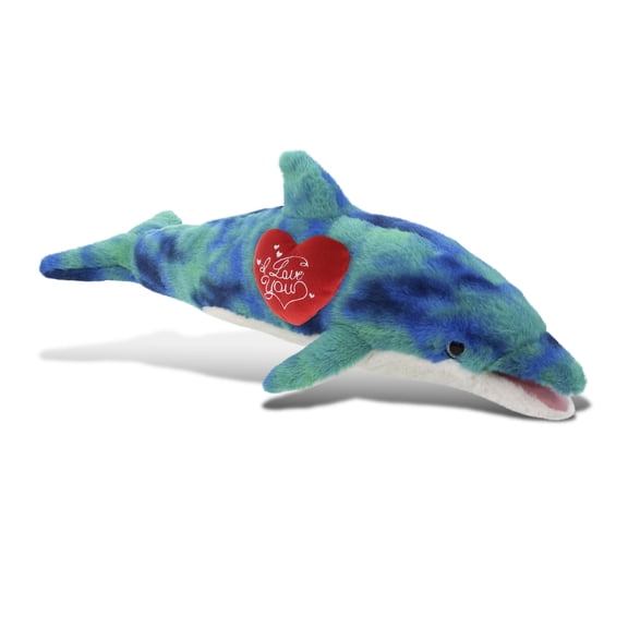 DolliBu I Love You Plush Super Soft Blue Tie-Dye Dolphin - Cute Stuffed Animal Dolphin with Red Heart Plush for Valentines, Anniversary, Romantic Date, Boyfriend, or Girlfriend Gift - 18 Inches