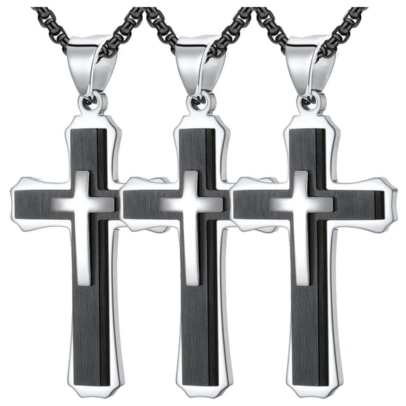 Cadenas Bonitas SacredGleam01 3Pzas Negro Collar Triple Cruz Dije 3x5.3cm Metal. High Monaco MXRMG-003