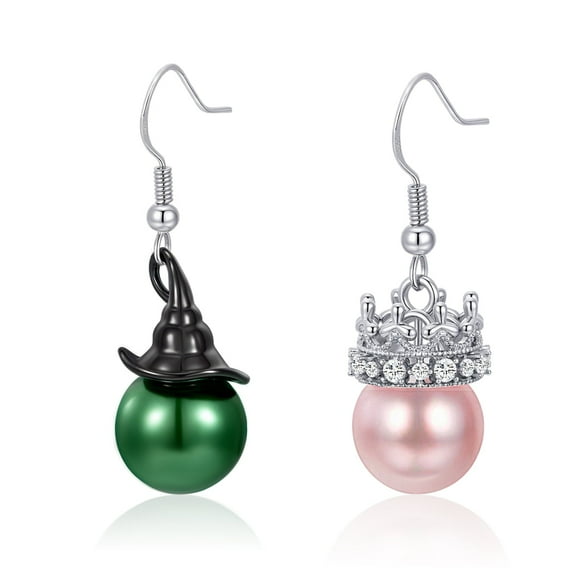Witch Movie Inspired Green&Pink Pearl Earrings, Classical Witch Hat Crown Earrings for Fans, Pearl Jewelry for Women Witch Merch Accessories Gifts