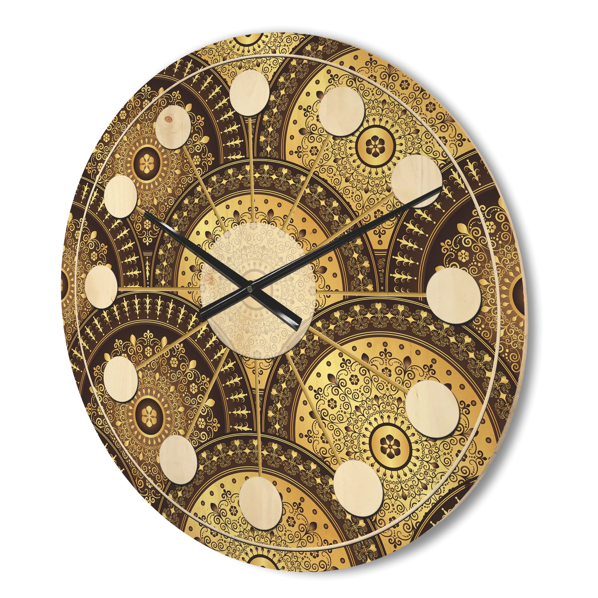 Designart 'Golden Circular Retro Pattern I' Mid-Century Modern Wood Wall Clock