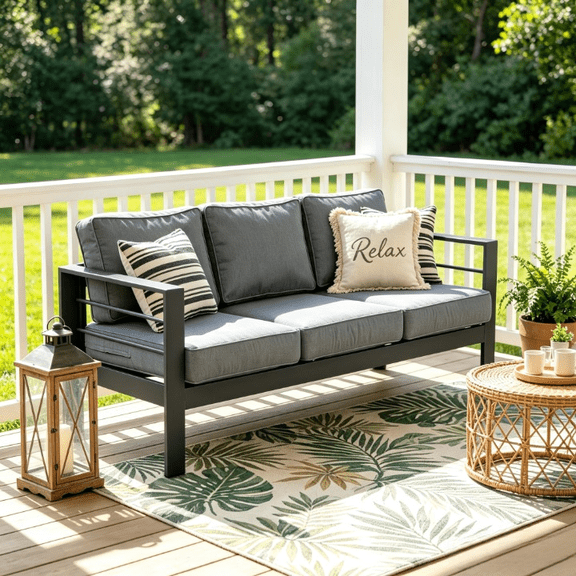 3 Seats Patio Aluminum Sofa Furniture, Metal Outdoor Couch with Cushions, Dark Grey,Heynemo