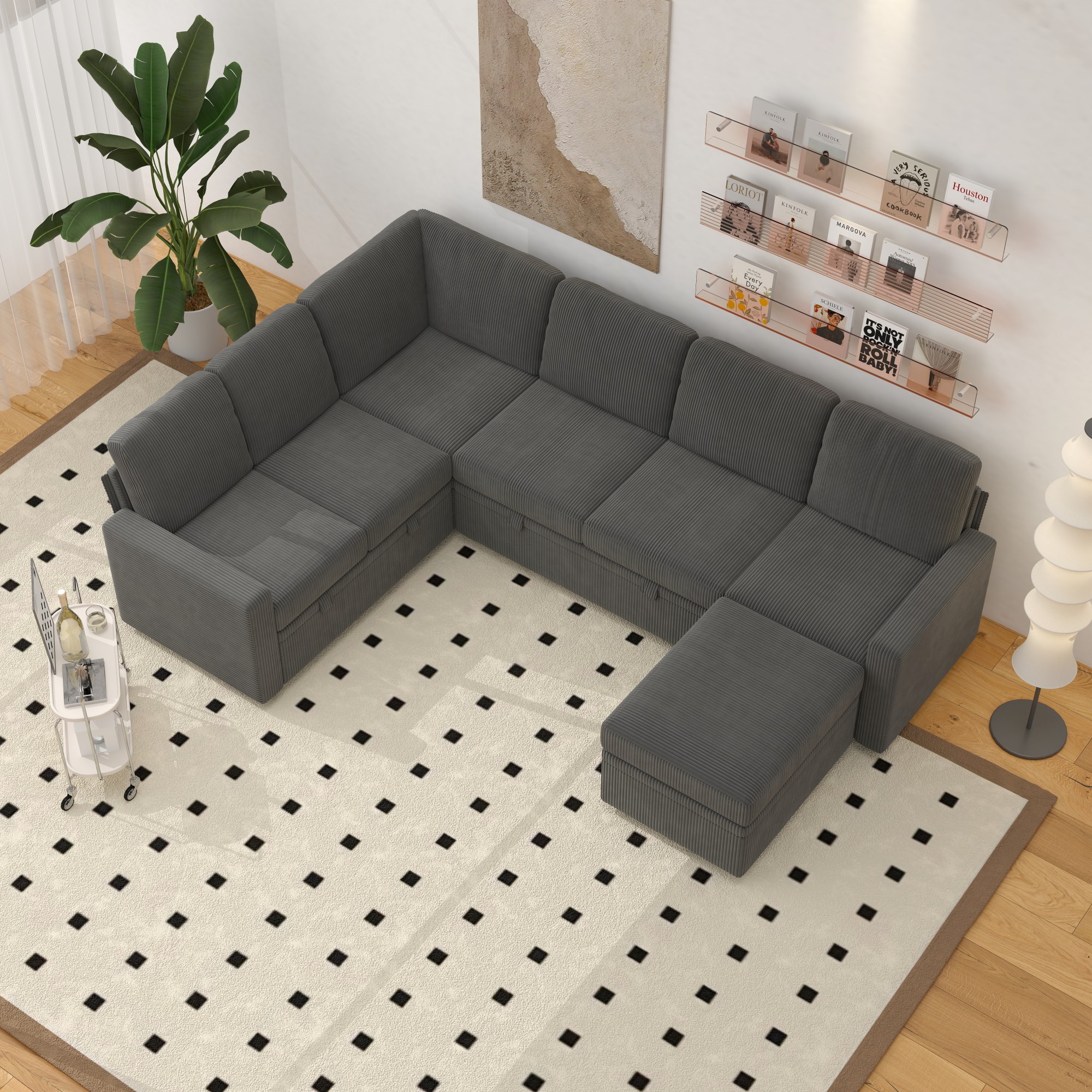 Gewnee 6-Seater Gray L-Shaped Convertible Sofa - Soft-Touch Corduroy Fabric,Multifunctional Storage, for Living Rooms & Halls（including 1 footstool）
