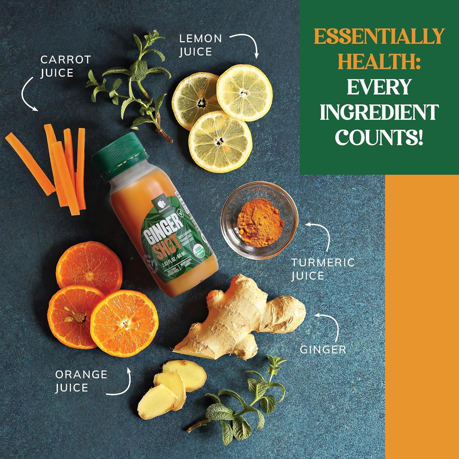Gourmanity Organic Ginger Shots, 12 x 2.03oz/60 ml,  Potent Ginger and Turmeric Shot with Orange and Carrot Juice, No Additives