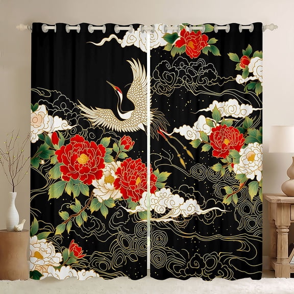 Manfei Traditional Crane Black Out Curtains for Girls, Peony Cloud Curtains Pack of 2 (42x63 Each), Black Red White